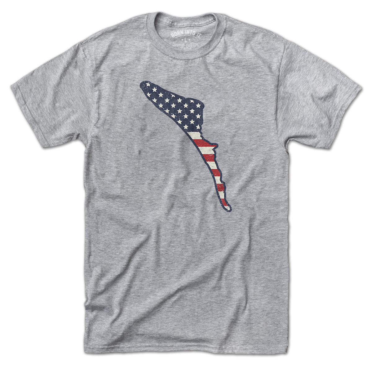 Born Into It Anna Maria Island Stars & Stripes T-shirt, gray cotton t-shirt with patriotic stars and stripes design, casual wear.