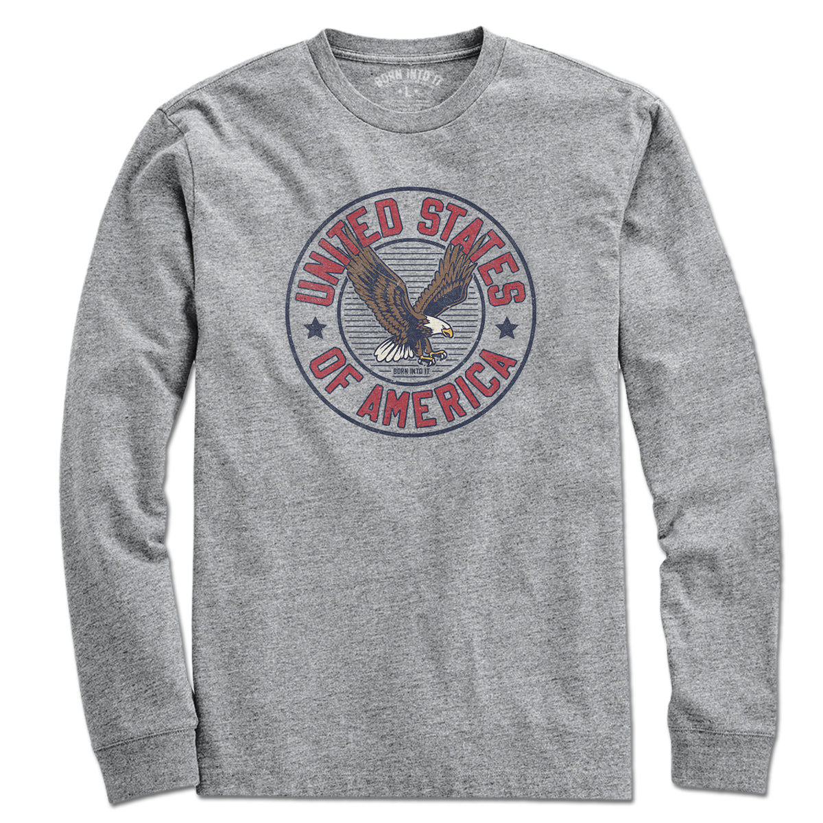 Born Into It USA Game Day T-Shirt, long sleeve gray cotton tee with patriotic USA graphic, perfect for supporting your team.
