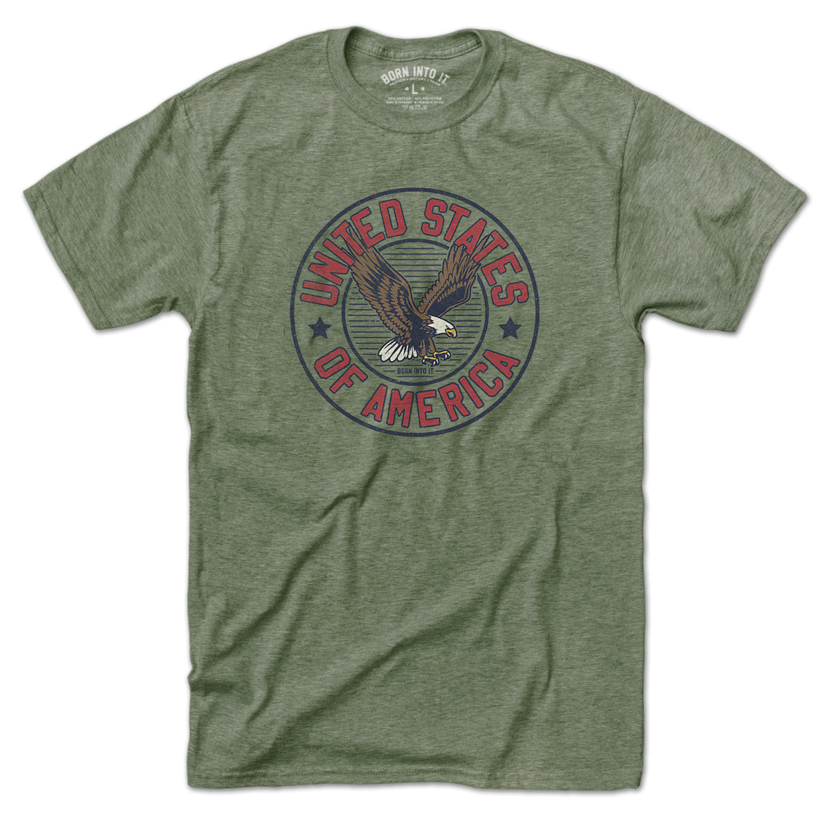 Born Into It USA Game Day T-Shirt displayed flat, featuring patriotic design and bold American flag graphics.