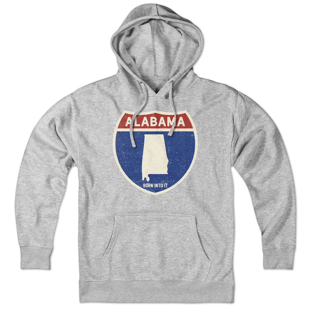 Born Into It Alabama Interstate Sign hoodie sweatshirt in gray, featuring a detailed interstate map graphic.