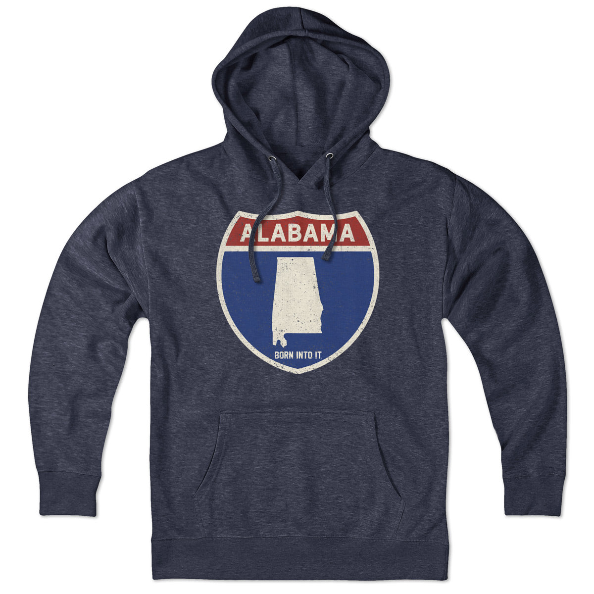 Born Into It Alabama Interstate Sign hoodie sweatshirt with highway design and bold lettering, comfortable and stylish casual wear.