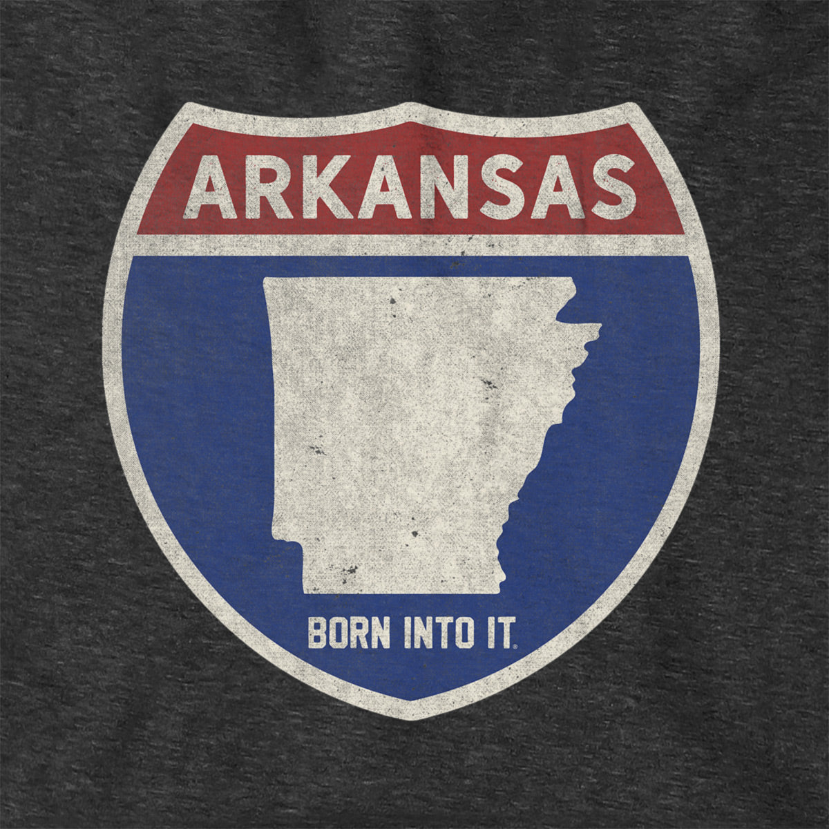 Born Into It Arkansas Interstate Sign hoodie, a comfortable sweatshirt featuring a detailed interstate route graphic on the front.