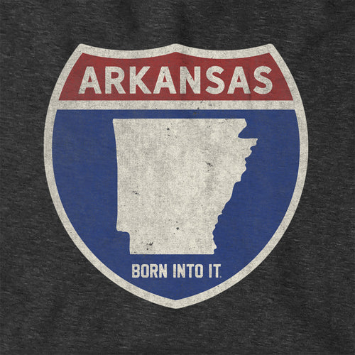 Born Into It Arkansas Interstate Sign hoodie, a comfortable sweatshirt featuring a detailed interstate route graphic on the front.