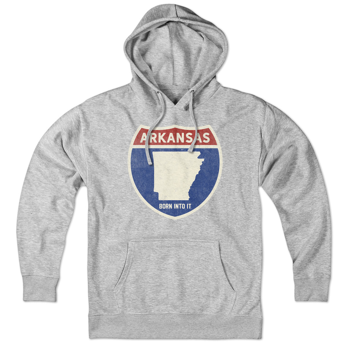 Born Into It Arkansas Interstate Sign hoodie, gray sweatshirt featuring interstate map design, casual and comfortable fit.