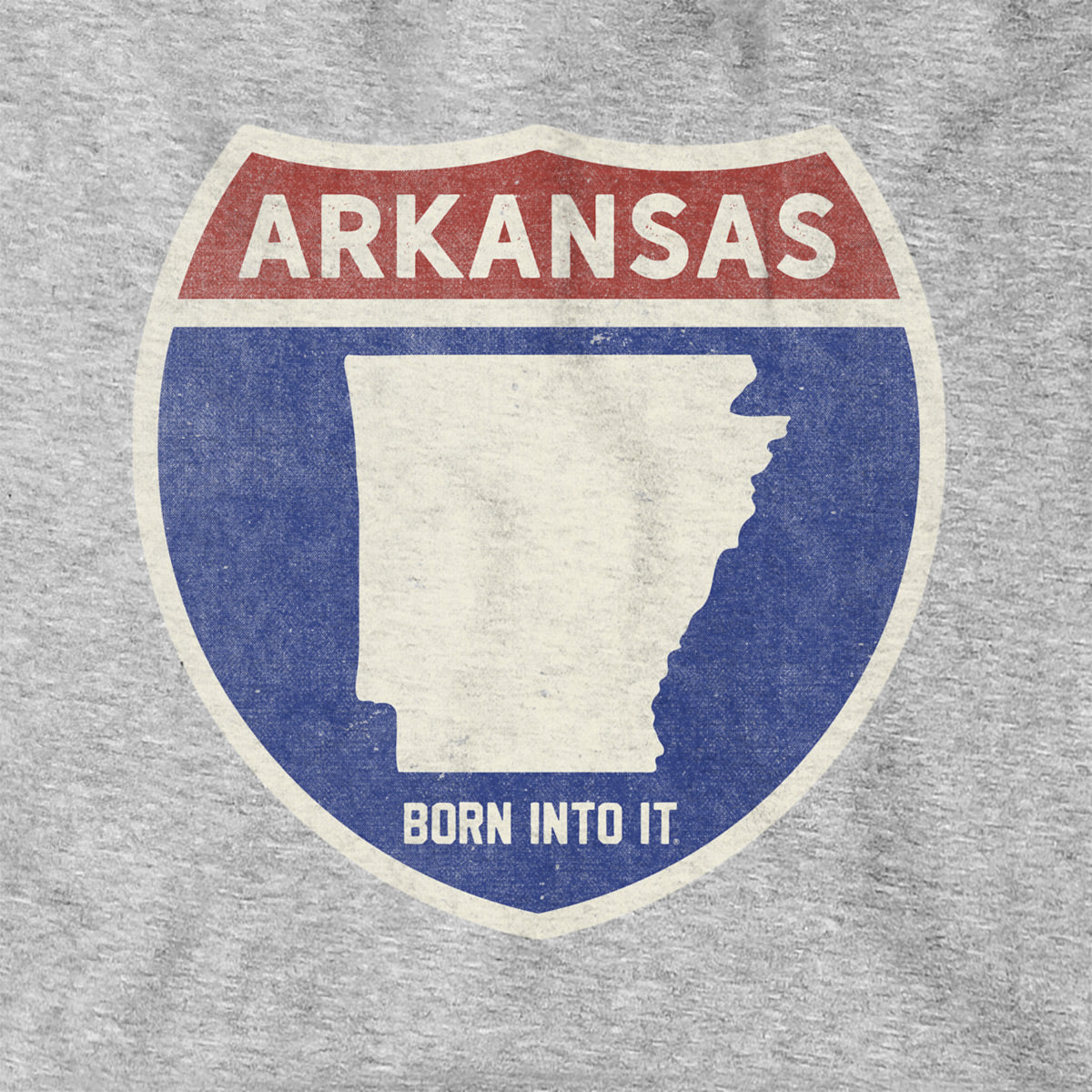 Born Into It Arkansas Interstate Sign hoodie, grey sweatshirt with highway graphic and interstate design, casual streetwear style.