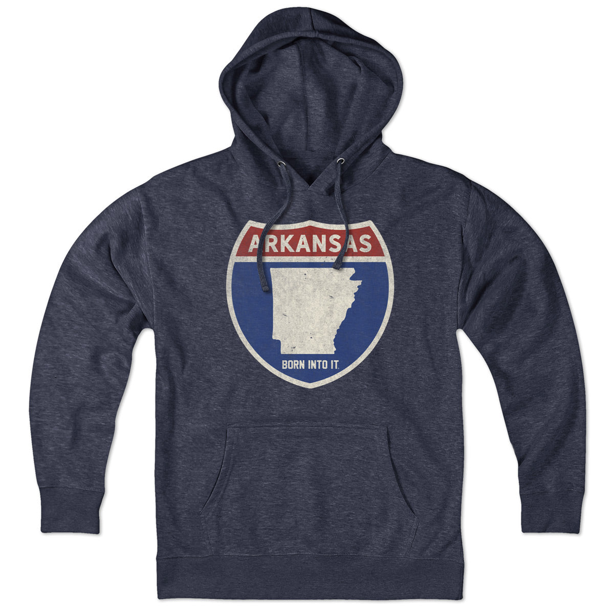 Born Into It Arkansas Interstate Sign hoodie sweatshirt featuring a printed interstate design on the front.