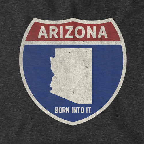 Born Into It Arizona Interstate Sign Hoodie sweatshirt featuring a graphic of an interstate sign on the front.