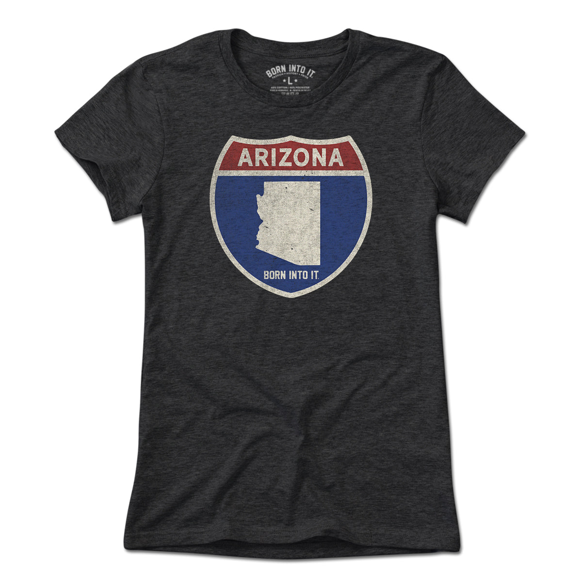 Light blue Arizona Interstate Sign T-Shirt by Born Into It featuring a highway sign graphic on soft cotton fabric.