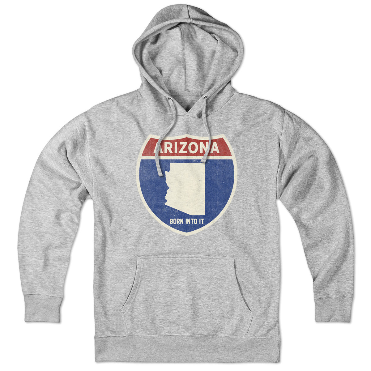 Born Into It Arizona Interstate Sign hoodie, gray sweatshirt with Arizona highway graphic, comfortable casual wear.