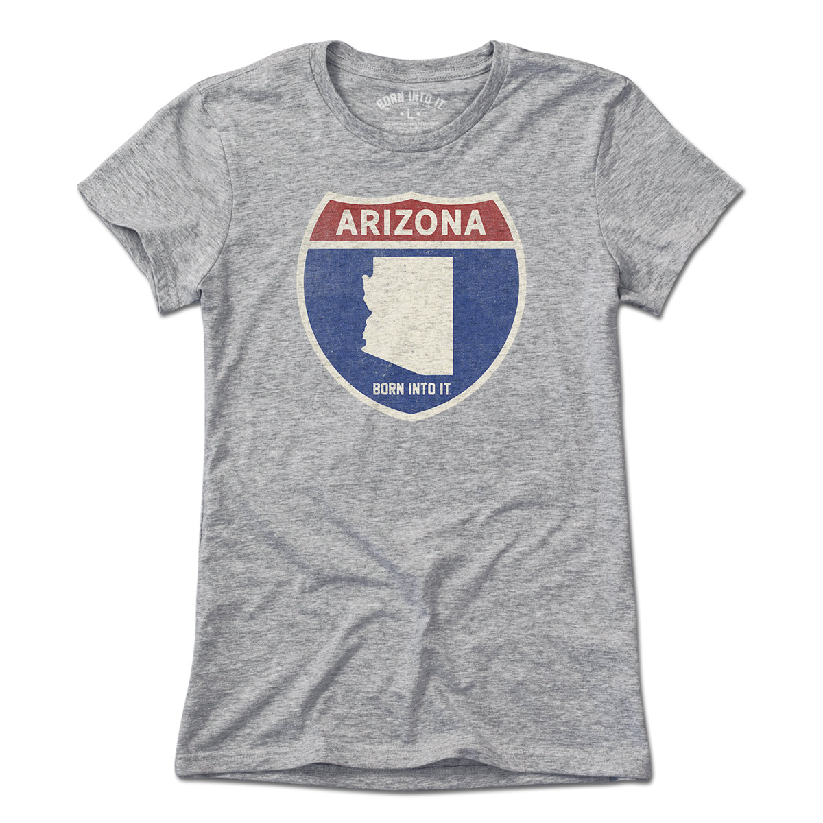Born Into It Arizona Interstate Sign T-Shirt in light gray, featuring a vintage-style highway sign graphic on the front.