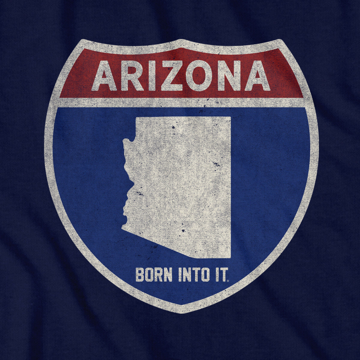 Born Into It Arizona Interstate Sign T-Shirt featuring a graphic of Arizona and New York interstate signs on soft cotton fabric.
