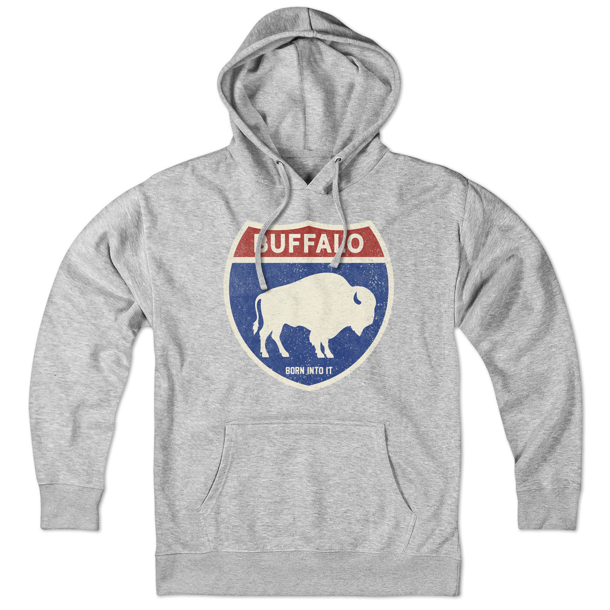 Born Into It Buffalo Interstate Sign hoodie, gray sweatshirt with graphic print, casual streetwear style.
