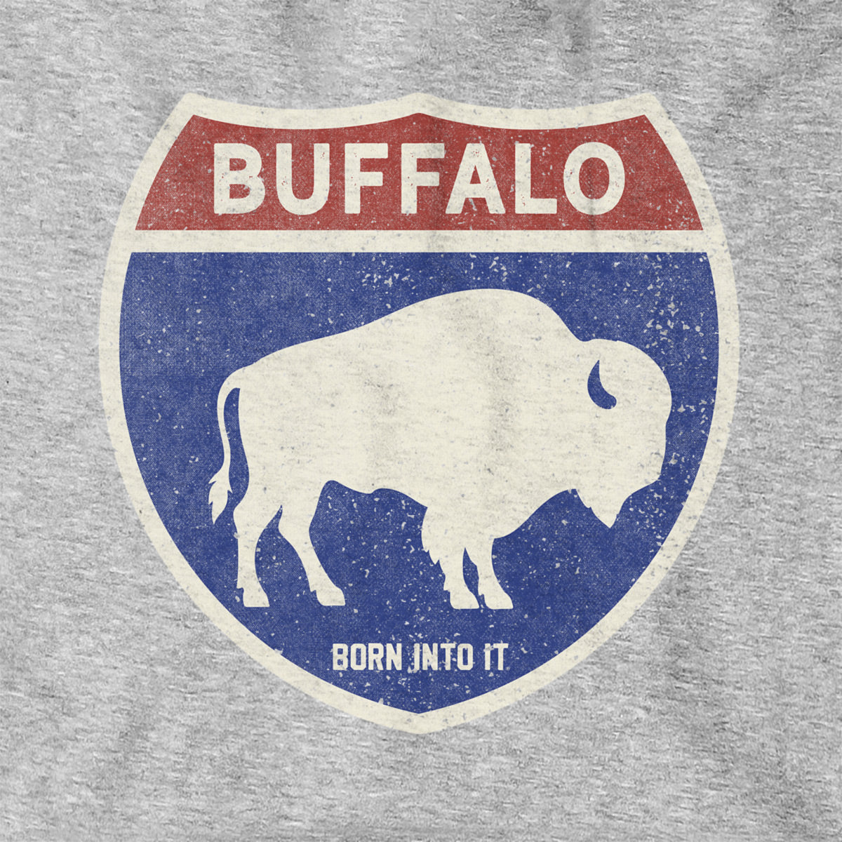 Born Into It Buffalo Interstate Sign hoodie, gray sweatshirt with vintage interstate graphic design on the front.