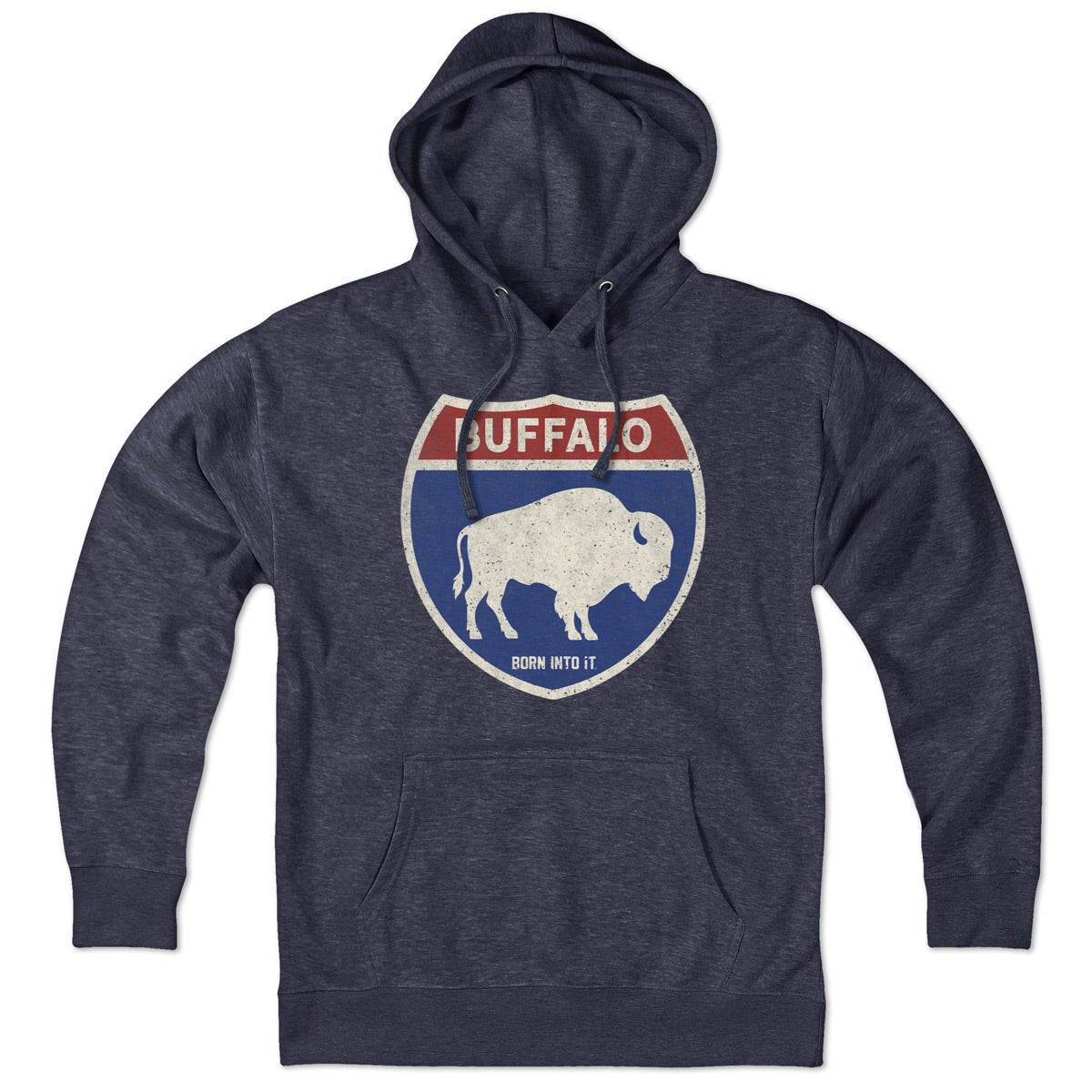Born Into It Buffalo Interstate Sign hoodie, a gray sweatshirt with a vintage interstate graphic design on the front.
