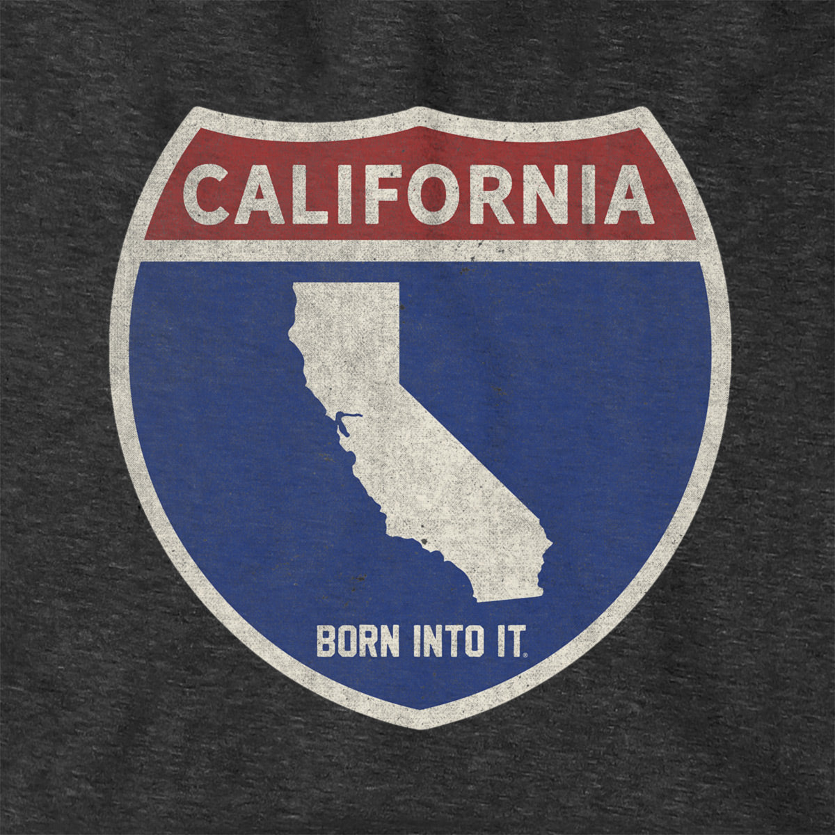 Born Into It California Interstate Sign hoodie, soft sweatshirt with interstate highway graphic in blue and white, casual streetwear style.