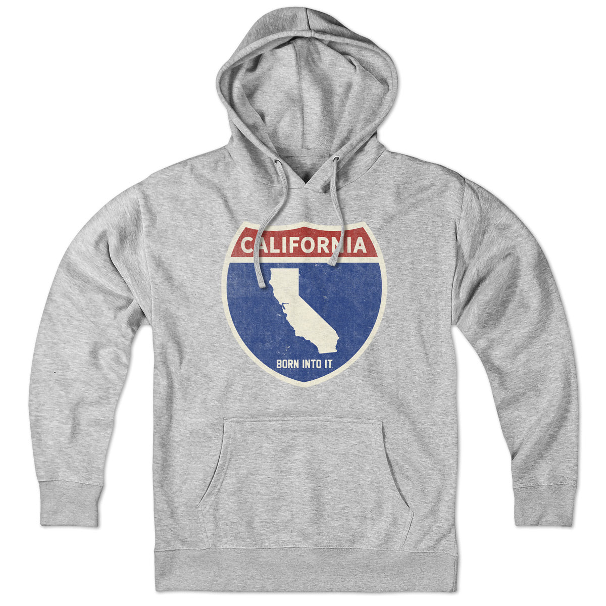 Born Into It California Interstate Sign Hoodie sweatshirt in gray with interstate highway graphic.
