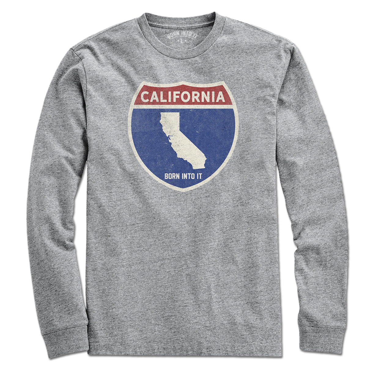 Born Into It California Interstate Sign T-Shirt in gray, featuring a highway sign graphic, casual fit, long sleeve, and streetwear style.