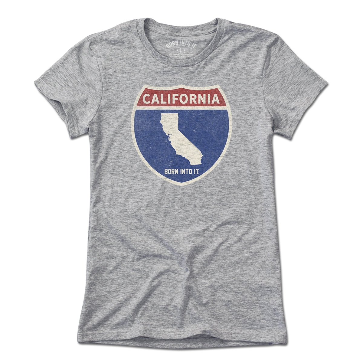Born Into It California Interstate Sign T-Shirt in gray, featuring a highway sign graphic, casual fit, and comfortable fabric.
