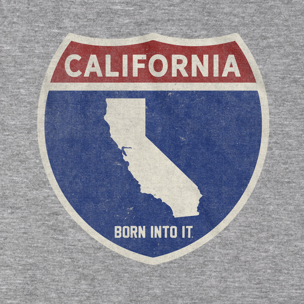 Born Into It California Interstate Sign T-Shirt in gray, featuring a vintage interstate highway graphic on the front.