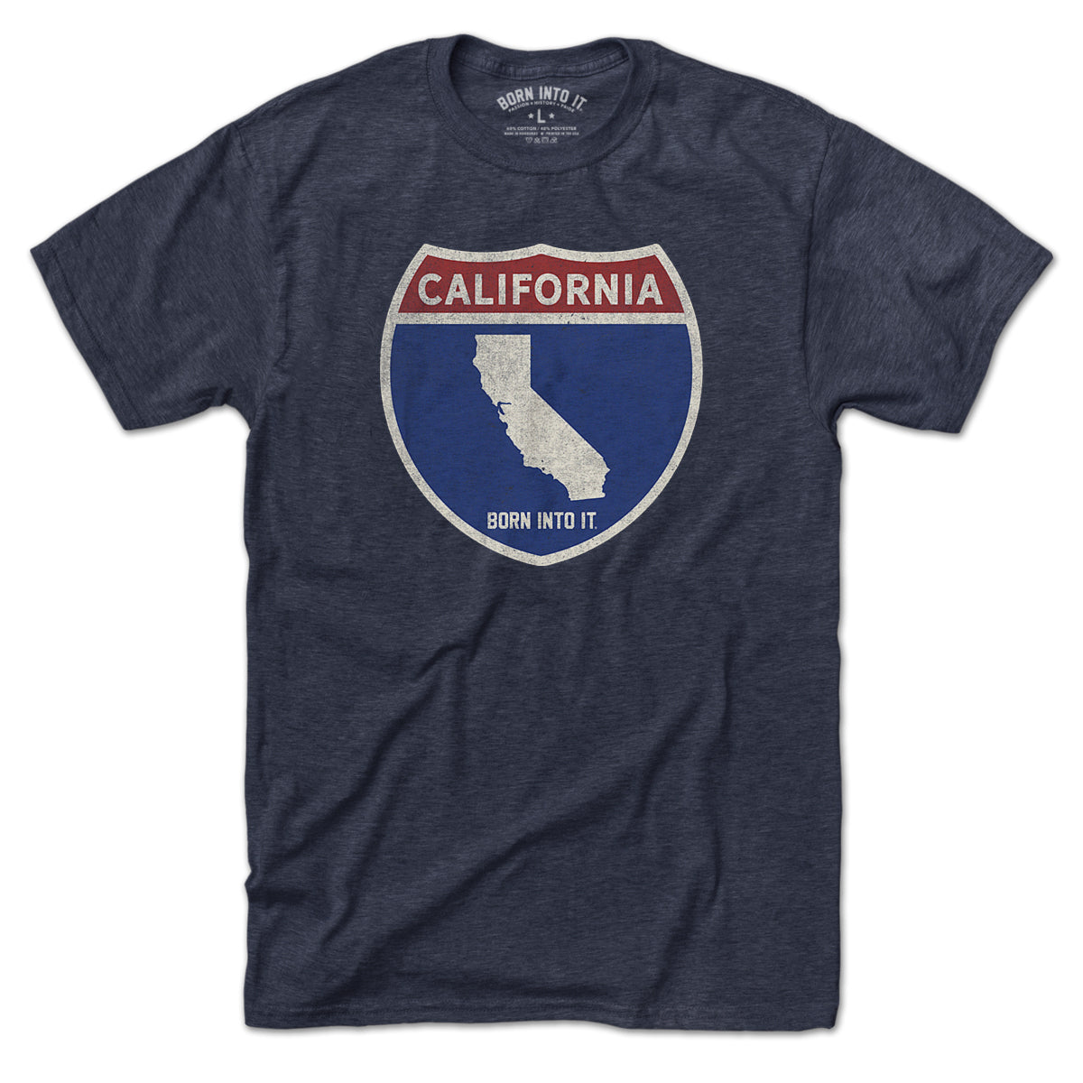 Born Into It California Interstate Sign T-Shirt featuring a highway sign design on a casual t-shirt.