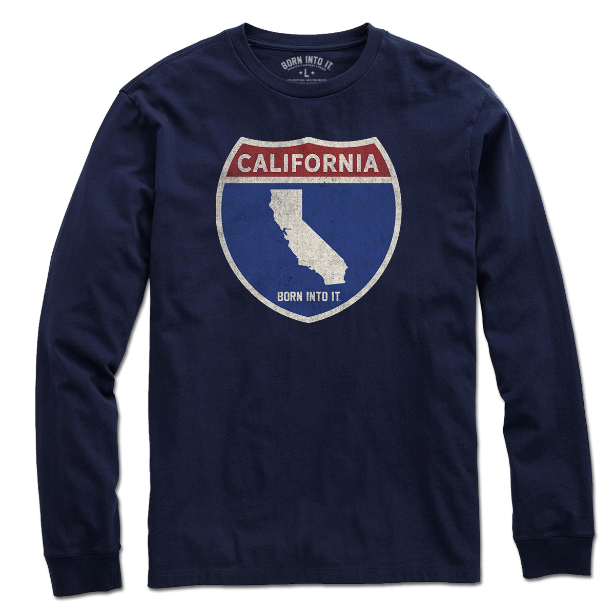 Born Into It California Interstate Sign T-Shirt featuring a graphic of the California to New York interstate route on soft fabric.