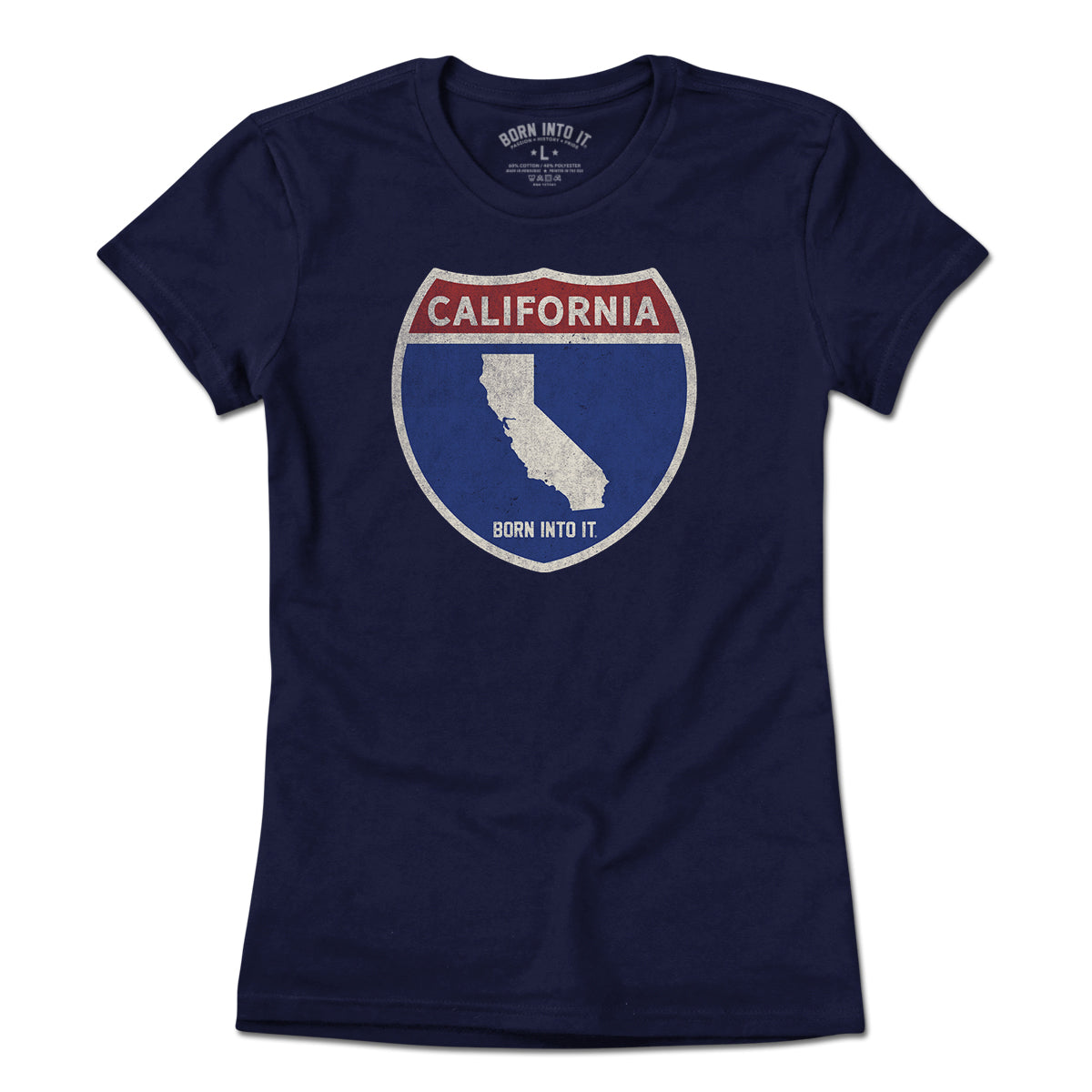 Born Into It California Interstate Sign T-Shirt featuring a flat-lay of the T-shirt with interstate route graphic design.
