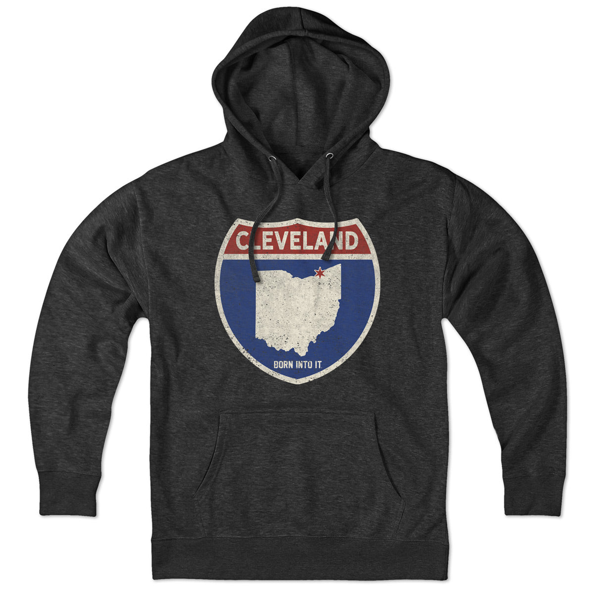 Born Into It Cleveland Interstate Sign hoodie, comfortable sweatshirt with city sign graphic, casual wear for street style.