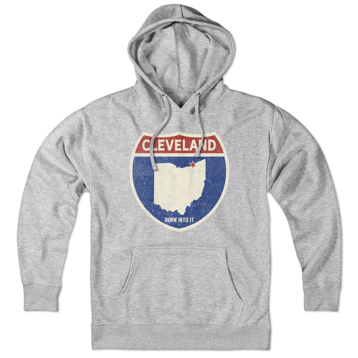 Born Into It Cleveland Interstate Sign hoodie, gray sweatshirt with vintage highway graphic, comfortable casual wear.