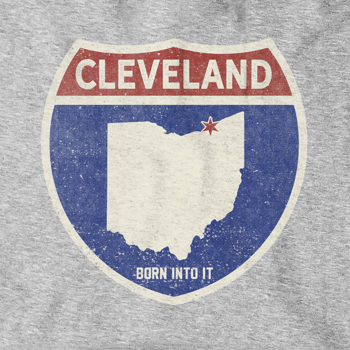 Born Into It Cleveland Interstate Sign hoodie, gray sweatshirt with city map graphic, casual and comfortable streetwear style.