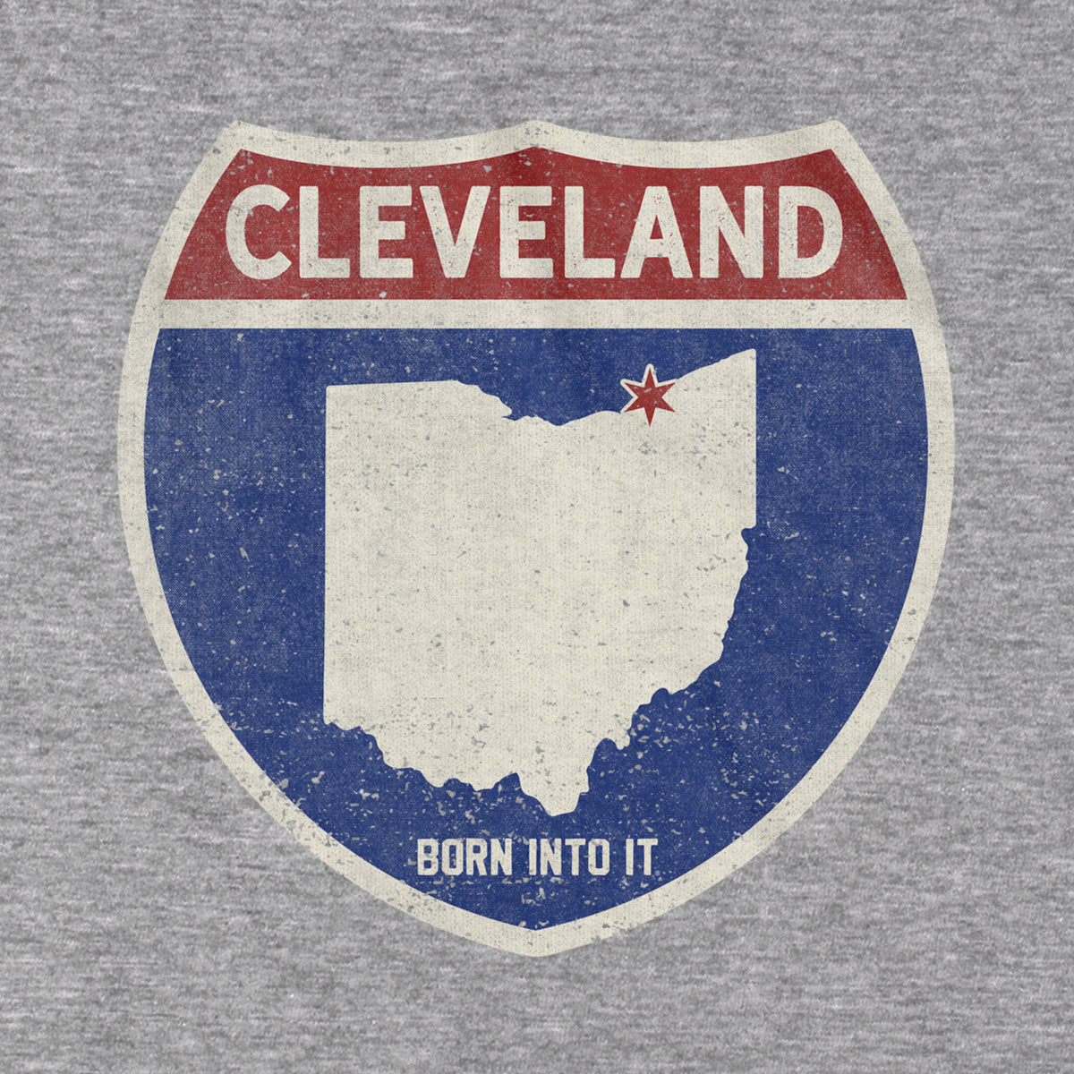 Gray Cleveland Interstate Sign T-Shirt by Born Into It featuring a vintage highway sign graphic on the front.