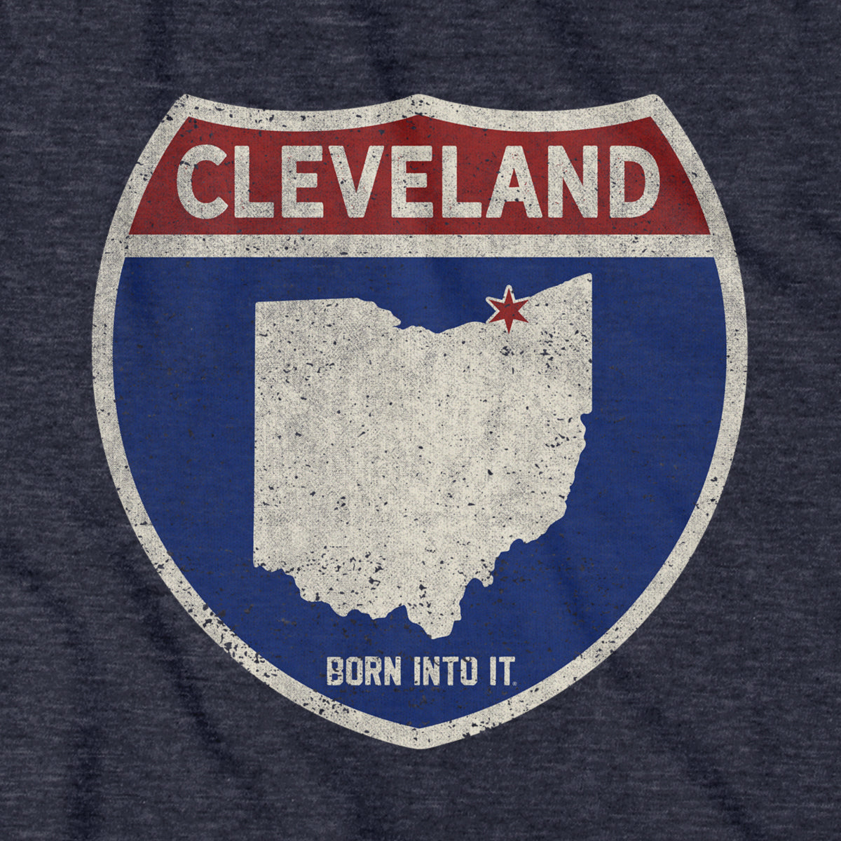 Born Into It Cleveland Interstate Sign T-Shirt displaying a vintage highway sign graphic on a casual black t-shirt.