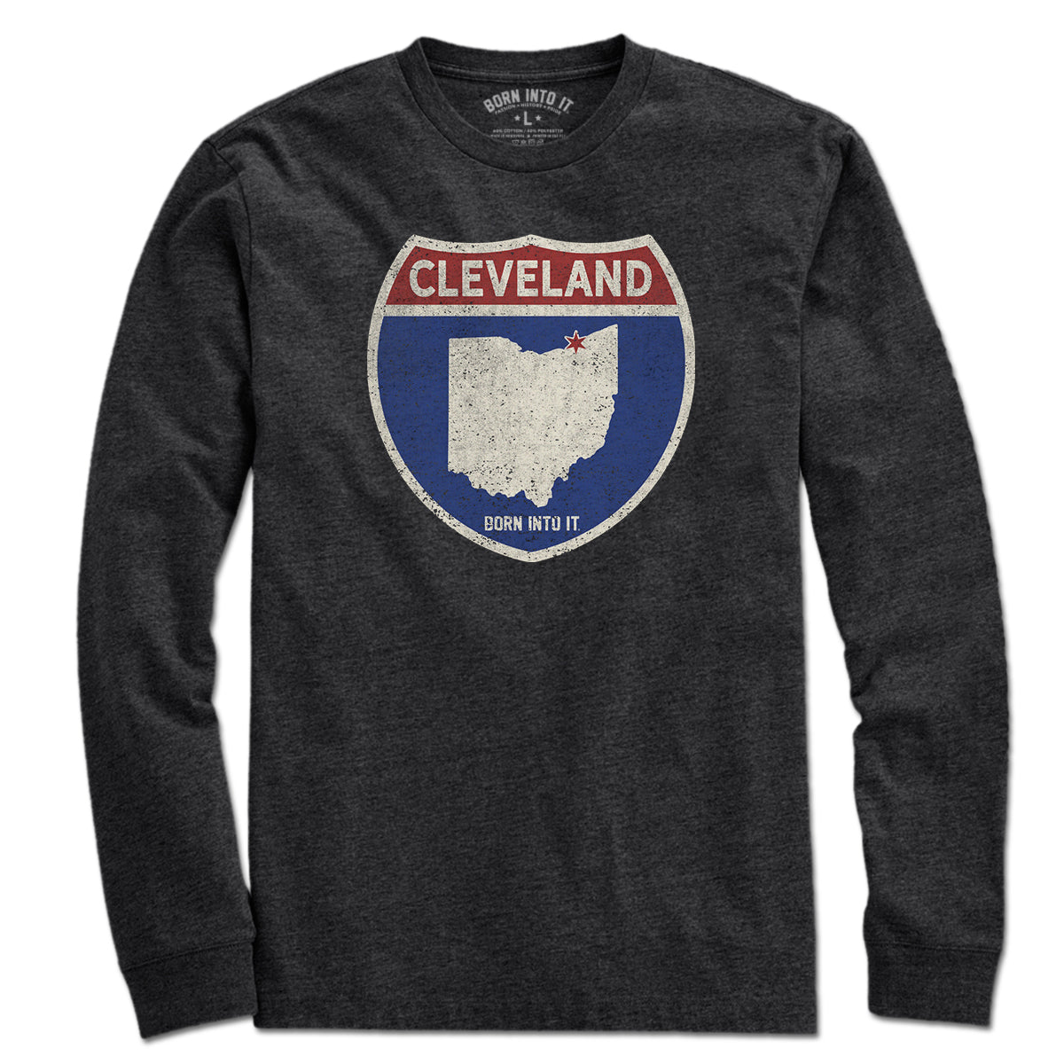 Born Into It Cleveland Interstate Sign T-Shirt, a casual graphic tee featuring a city sign design on soft fabric.