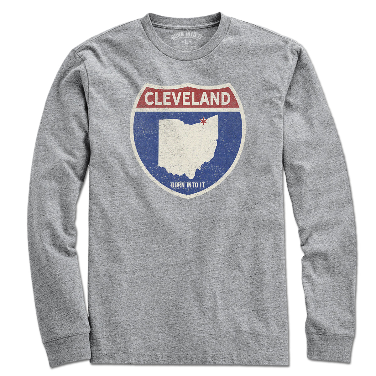 Born Into It Cleveland Interstate Sign T-Shirt in gray, featuring a vintage interstate sign graphic on a casual T-shirt.