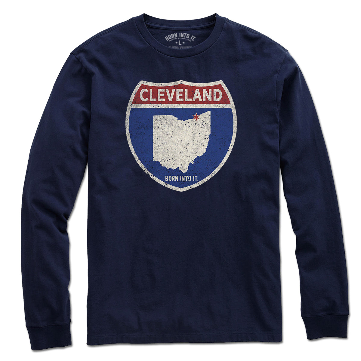 Born Into It Cleveland Interstate Sign T-Shirt featuring a graphic of a highway sign in a flat design.