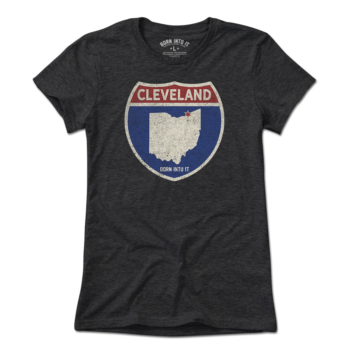 Born Into It Cleveland Interstate Sign T-Shirt, light-colored cotton tee with interstate highway graphic design.