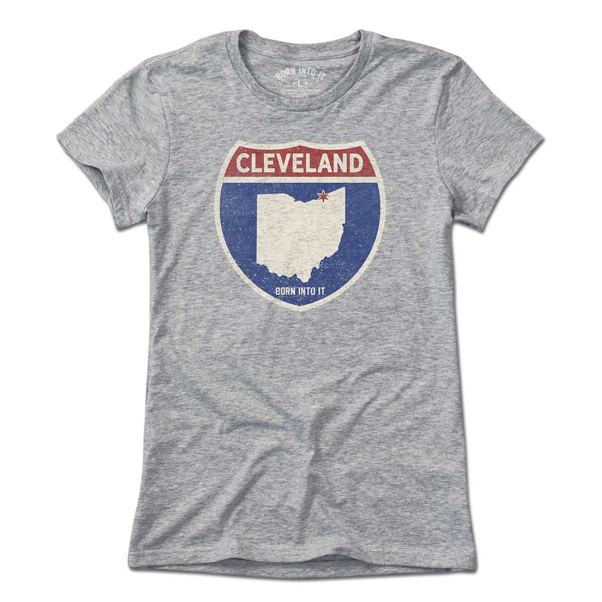 Born Into It Cleveland Interstate Sign T-Shirt, light gray cotton tee with interstate highway graphic, casual streetwear style.