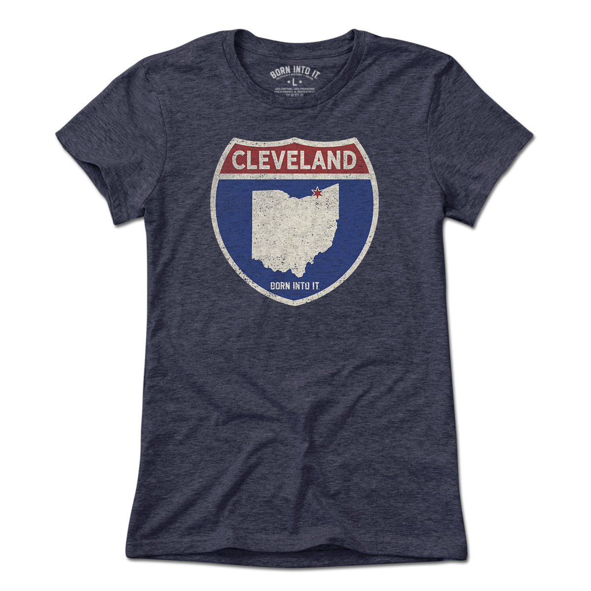 Born Into It Cleveland Interstate Sign T-Shirt featuring a vintage highway sign design on a casual t-shirt.