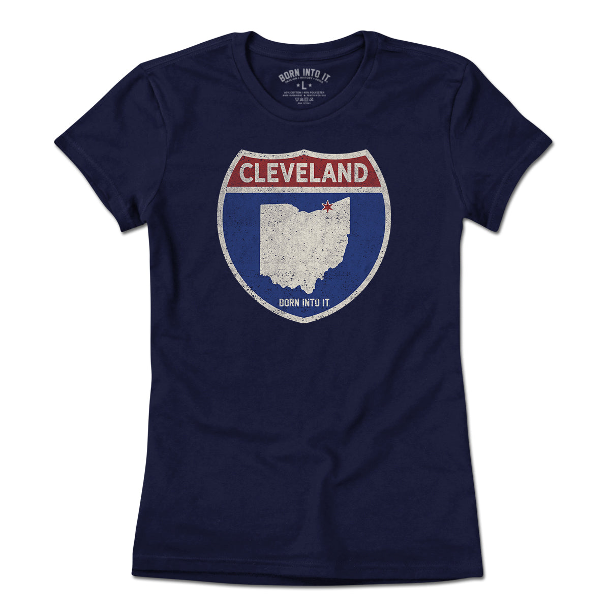 Born Into It Cleveland Interstate Sign T-Shirt, light color, casual fit with interstate highway graphic on front.