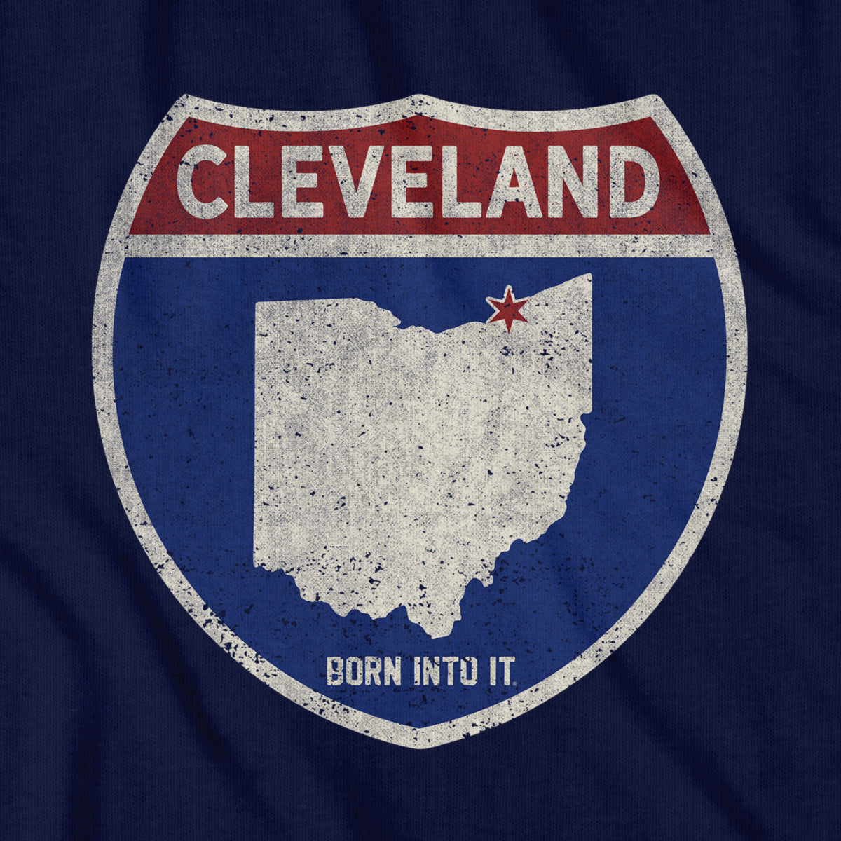 Born Into It Cleveland Interstate Sign T-Shirt featuring a graphic of highway signs on soft cotton fabric.