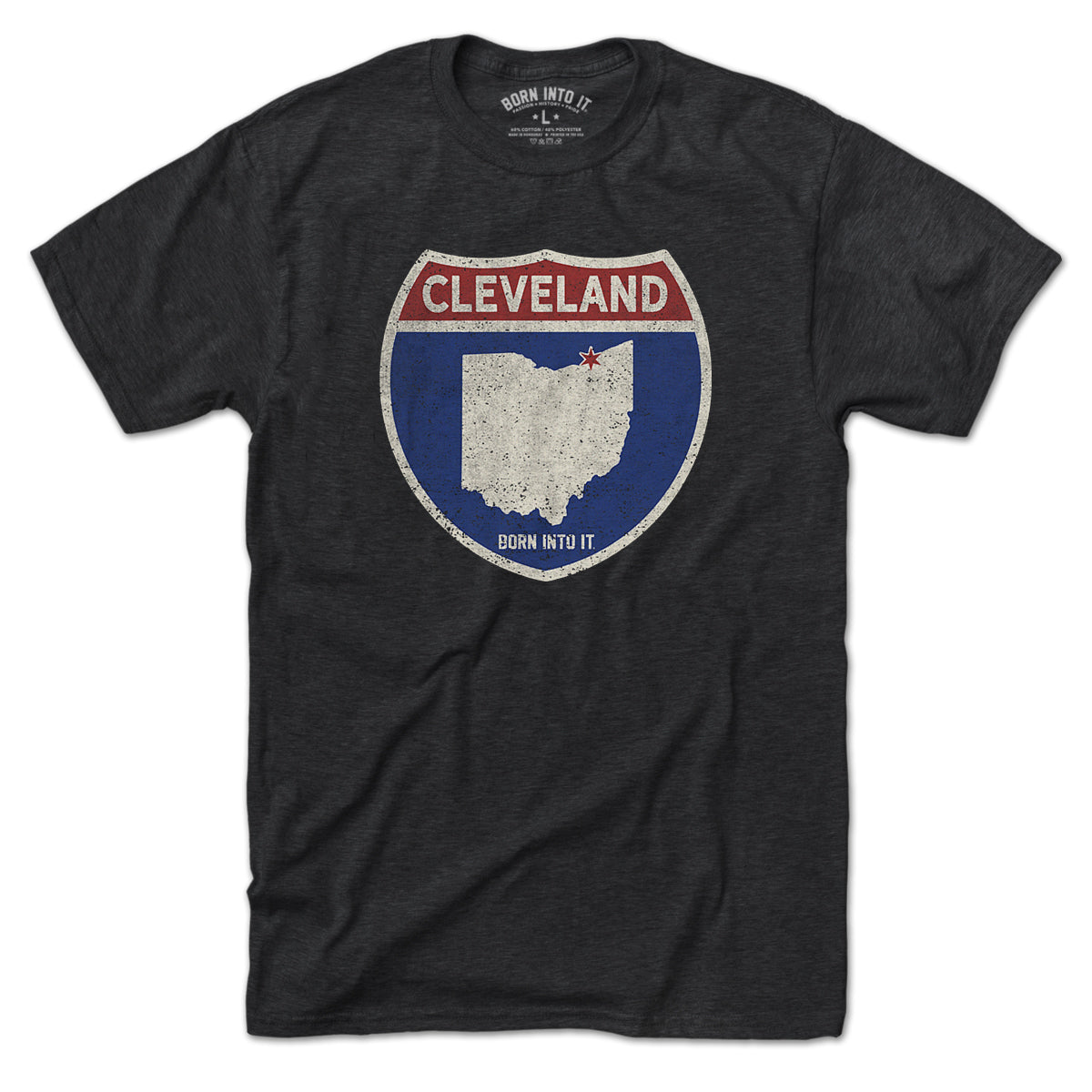 Born Into It Cleveland Interstate Sign T-Shirt featuring a graphic of a highway sign on soft cotton fabric.