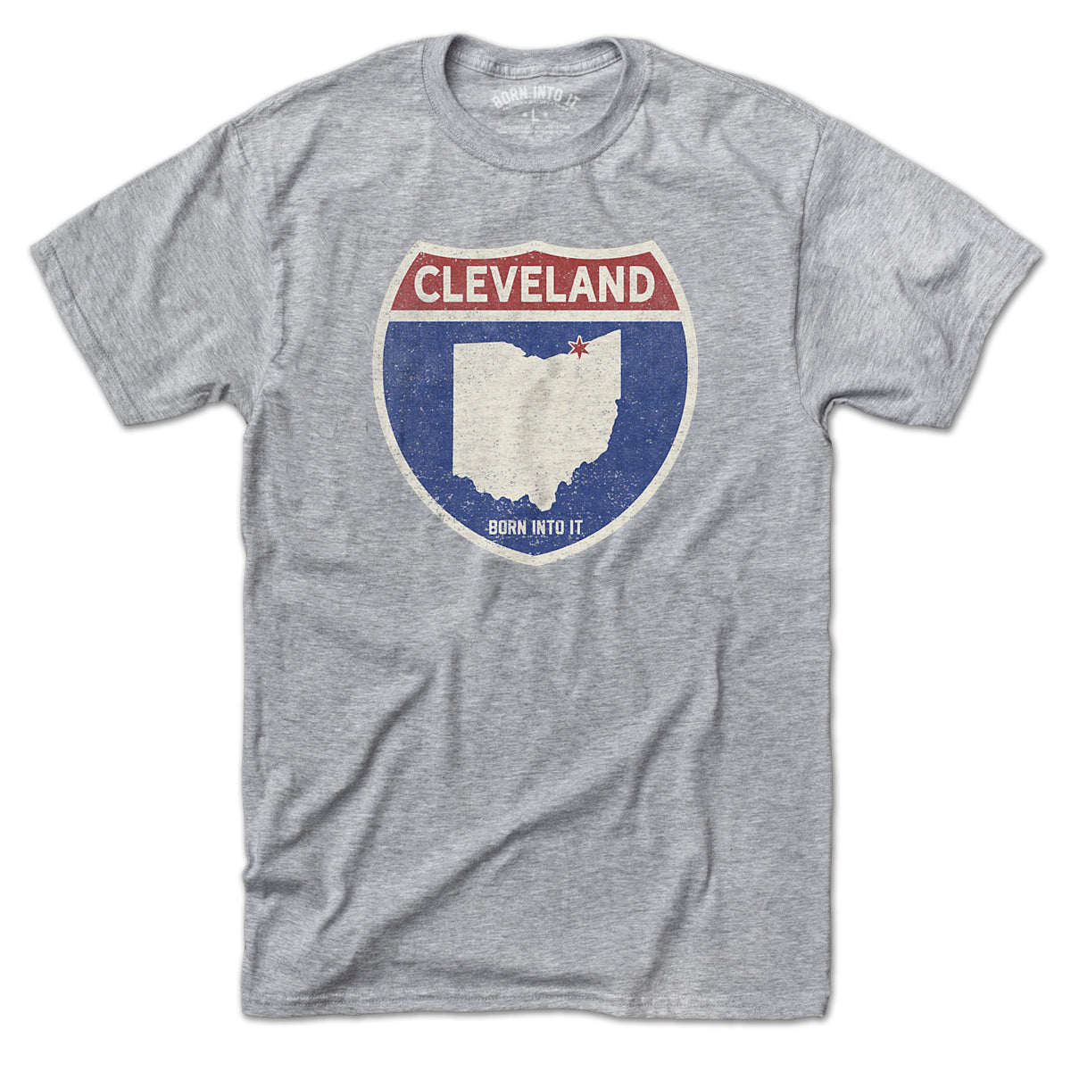 Born Into It Cleveland Interstate Sign T-Shirt in gray featuring a vintage interstate sign graphic, casual streetwear style.