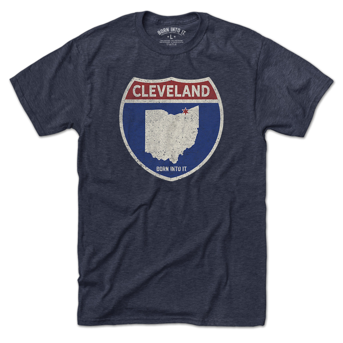 Born Into It Cleveland Interstate Sign T-Shirt featuring a graphic of a highway interstate sign on a black t-shirt.