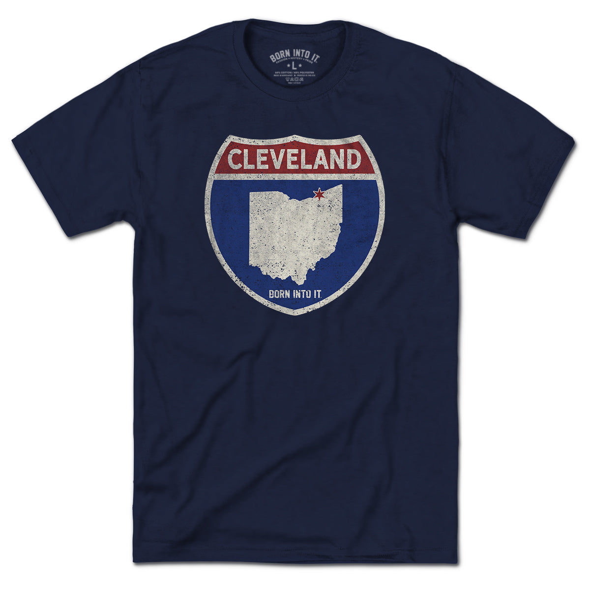Born Into It Cleveland Interstate Sign T-Shirt featuring a graphic of the Cleveland interstate route in a flat style.