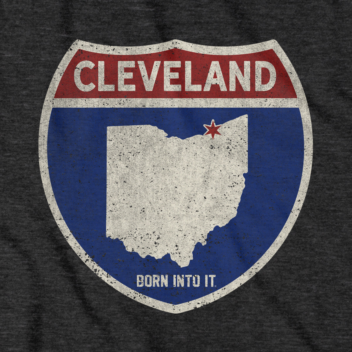Born Into It Cleveland Interstate Sign T-Shirt, casual tee featuring a city highway sign graphic on soft fabric.