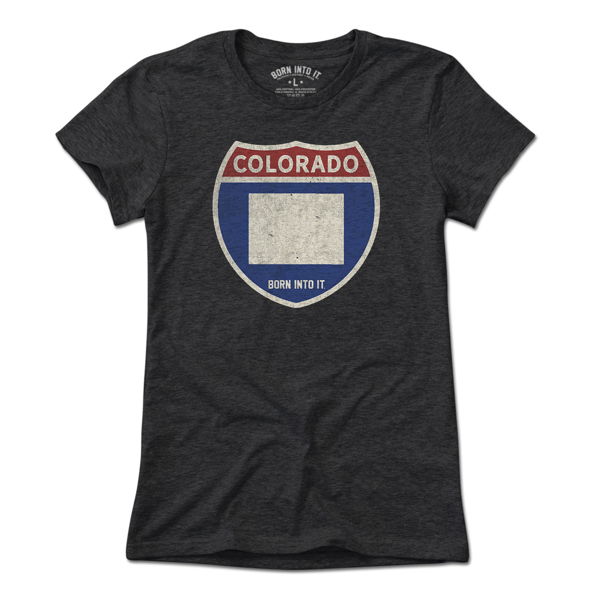 Light blue Colorado Interstate Sign T-Shirt by Born Into It featuring a vintage interstate highway graphic on soft cotton fabric.