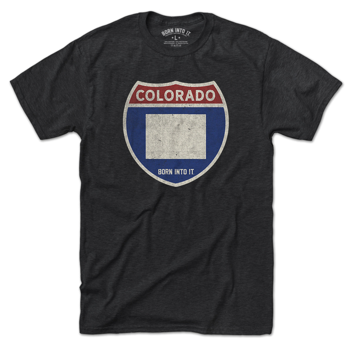 Born Into It Colorado Interstate Sign T-Shirt featuring a printed map and highway design on a casual cotton tee.