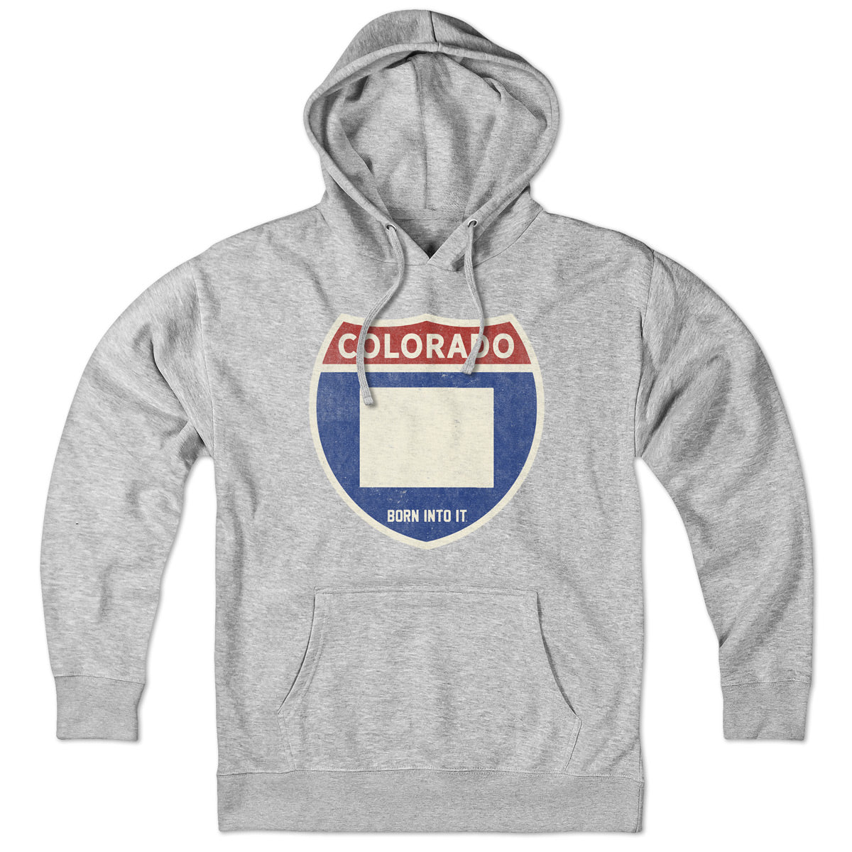 Born Into It Colorado Interstate Sign hoodie sweatshirt in gray featuring highway sign graphic on front, casual streetwear style.