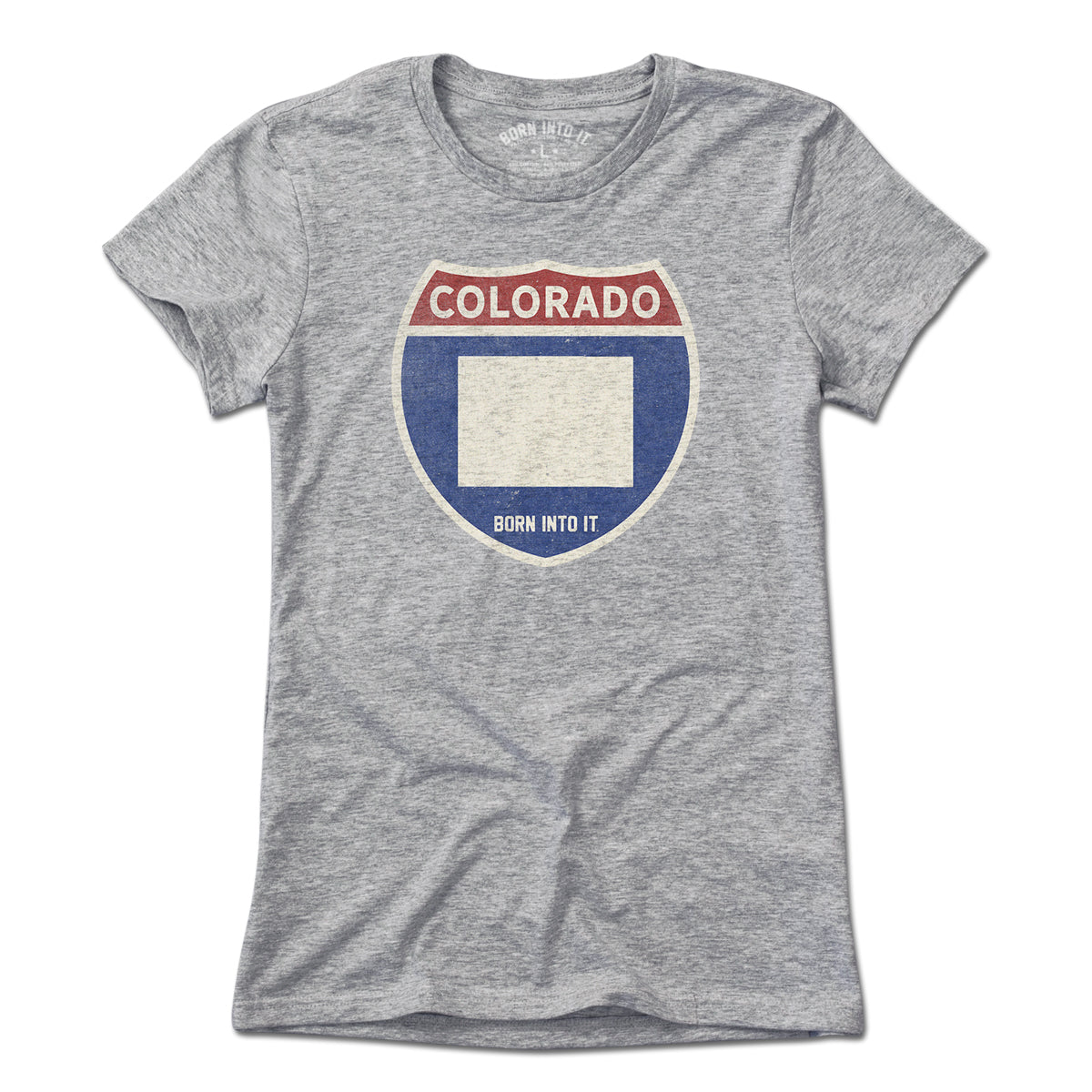 Born Into It Colorado Interstate Sign T-Shirt in gray, featuring a highway sign graphic on a casual crew neck tee.