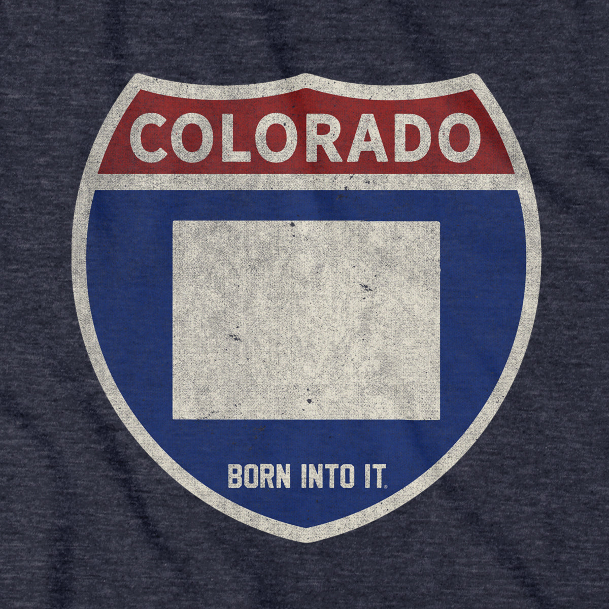 Born Into It Colorado Interstate Sign T-Shirt featuring a highway sign graphic on a casual black T-shirt.