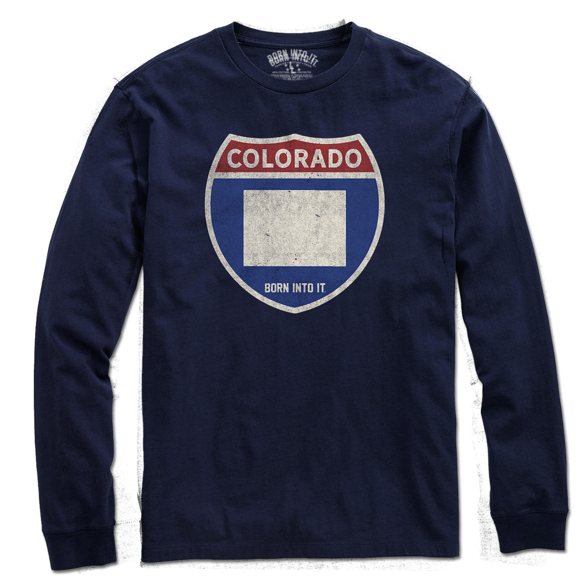 Born Into It Colorado Interstate Sign T-Shirt featuring a vintage highway sign graphic on a casual cotton tee.